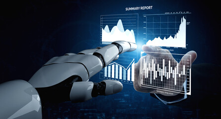 A futuristic robot hand interacts with various data visualizations and graphs, showcasing advanced technology in data analysis and business intelligence. Impute
