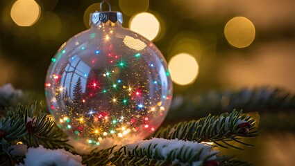 Clear Glass Christmas Ornament with Colorful Fairy Lights on Snowy Pine Branch
