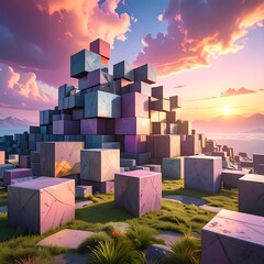 Cubist structure on grassy terrain under a vibrant sunset sky