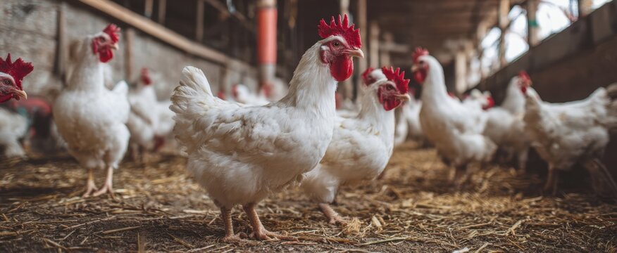The Chickens Roaming a Rustic Barn with Straw Bedding and Natural Light - Powered by Adobe
