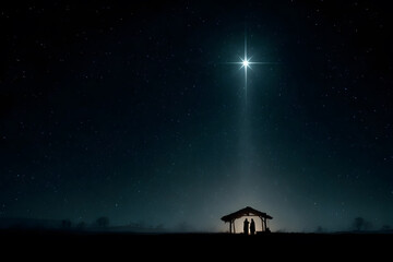 A serene night-time cinematic shot featuring the silhouette of Joseph and Mary standing beside an empty manger