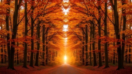 A glowing autumn forest corridor with tall trees on both sides, their branches covered in vivid orange and red leaves.