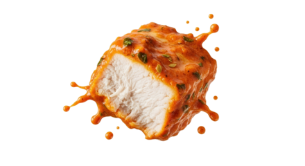 Succulent poultry piece with vibrant spicy sauce and dynamic splash effects against clean backdrop for editorial and commercial use