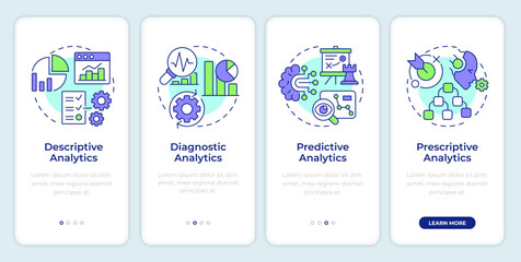 Business intelligence analysis onboarding mobile app screen. Walkthrough 4 steps editable graphic instructions with linear concepts. UI, UX, GUI. Montserrat SemiBold, Regular fonts used