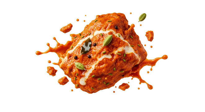 Exquisite explosion: Delectable chicken tikka masala suspended in culinary artistry on pure white canvas