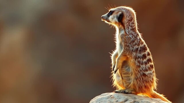 Alert meerkat stands watchfully on rocky outcrop against bokeh background