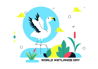 World Wetlands Day Vector Illustration on 2 February Featuring Stork Animals and Garden Background In Holiday Celebration Flat Cartoon Design