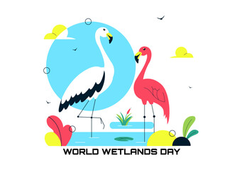 World Wetlands Day Vector Illustration on 2 February Featuring Stork Animals and Garden Background In Holiday Celebration Flat Cartoon Design