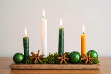 Advent Wreath with Four Lit Candles on Wooden Board