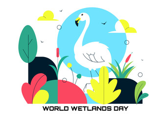 World Wetlands Day Vector Illustration on 2 February Featuring Stork Animals and Garden Background In Holiday Celebration Flat Cartoon Design