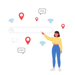 Young woman interacting with a search bar and digital icons.