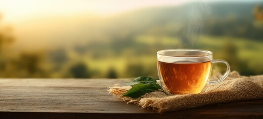 The Teacup on a Rustic Table Overlooking a Misty Countryside Morning