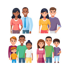 Set of different multicultural families. Mom dad son and daughter. Family portraits collection. Parents and children. Vector illustration