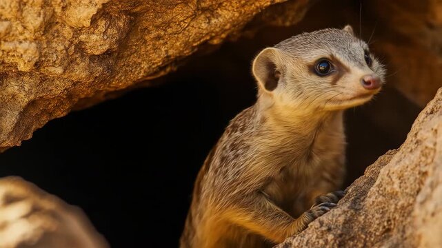 Alert meerkat posing in natural habitat with rock formation