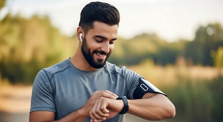 Person checking smartwatch while wearing wireless earbuds outdoors.
