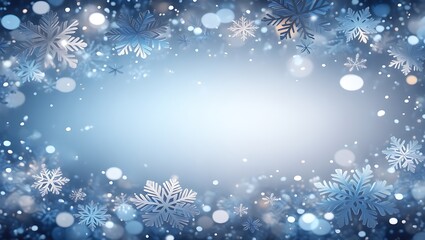 Abstract Winter Background with Blue Snowflakes and White Bokeh Light Border