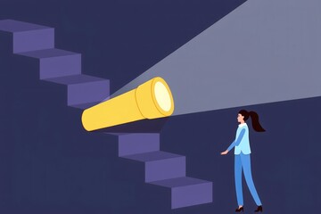 Woman Using Spotlight to Illuminate Staircase &ndash; Concept of Clarity and Direction