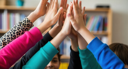 Diverse children joyfully unite hands in a vibrant classroom. Representing teamwork and success against a backdrop of bookshelves filled with books, fostering a sense of unity and cooperation.