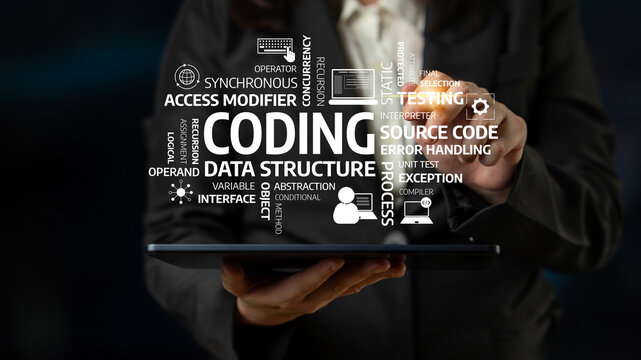 A professional holding a tablet displaying key coding and programming terms, symbolizing the intersection of technology and digital innovation in a workspace. Tessel - Powered by Adobe