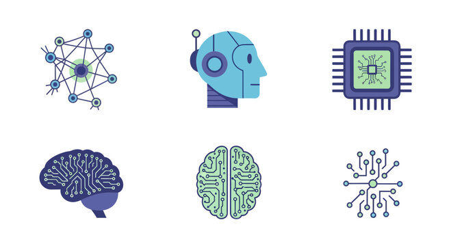 Modern icon set representing artificial intelligence, robotics, and advanced technology, featuring neural networks, machine learning, and digital innovation concepts