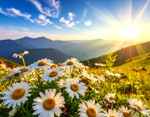 Daisies bloom in a sunny mountain meadow, against a scenic backdrop