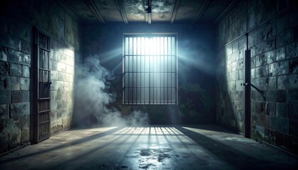 Dark, dilapidated prison cell with barred window, light, and fog