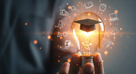Close up of a hand holding a glowing lightbulb with a graduation hat, digital icons floating, symbolizes education, innovation, and bright ideas, on a dark grey background.