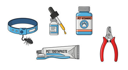 Pet care essentials kit with grooming tools. Includes flea collar, vitamins, toothpaste, medication dropper, and nail clippers for animal health and hygiene