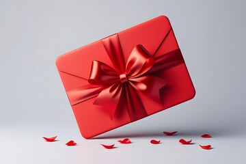 Elegant Red Gift Box with Bow and Scattered Petals - Celebration and Surprise