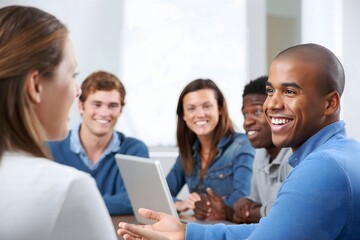 Diverse Team Meeting and Collaborative Discussion with Tablet