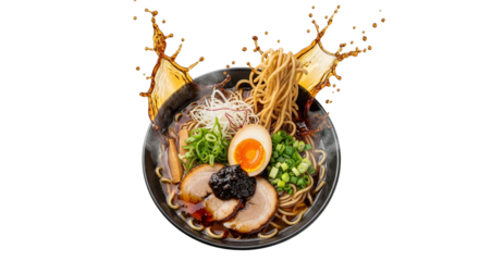 Exquisite close up of steaming ramen bowl topped with fresh ingredients and flavorful broth on white background