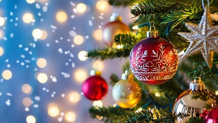 Close-up of Festive Christmas Tree with Red and Gold Ornaments and Star