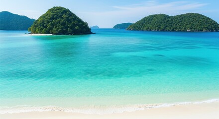 Fototapeta premium Tranquil turquoise waters lap a pristine beach, fringed by lush isles