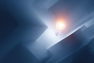 Conceptual visualization of innovation shown as a bright idea bulb emerging from complex geometric structures, symbolizing breakthroughs and creative thinking