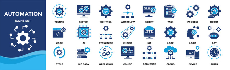 Automation icon set collection. an icon pack contain robot,script,workflow,process,task,testing,structure