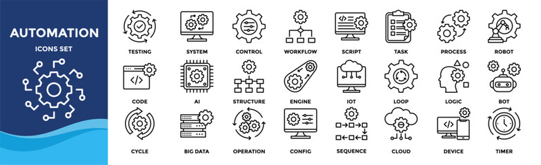 Automation icon set collection. an icon pack contain robot,script,workflow,process,task,testing,structure