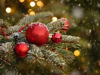 Snowy Christmas Tree Branch Close-up with Red Ornaments and Golden Bokeh Lights