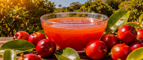 Fresh acerola juice in a glass bowl surrounded by ripe cherries on a wooden table. An acerola orchard with a palm tree is visible in the sunny background, representing a tropical harvest.