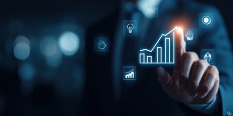 The Finger Pointing at a Glowing Business Growth Chart on Virtual Interface