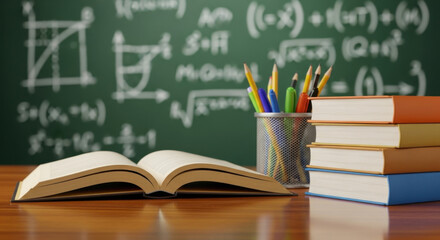 Open book on wooden desk with colorful pencils before green chalkboard covered in math formulas. Focus on education, learning, and knowledge with academic textbook.