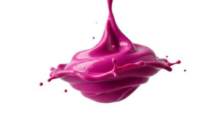 Dynamic fuchsia color burst against pure white backdrop showcases fluid elegance and visual interest in abstract form with smooth texture and movement