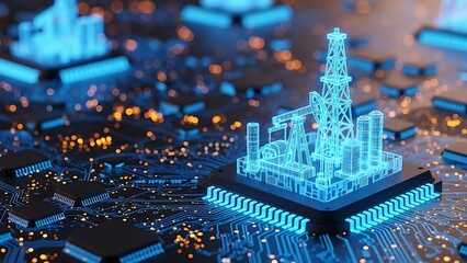 Digital representation of an oil drilling rig structure glowing blue on a microchip, symbolizing digital transformation in the energy sector