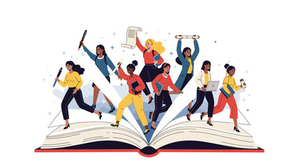 Illustration of diverse group of people celebrating success with books white