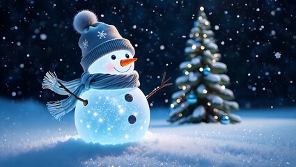 Magical Glowing Snowman and Decorated Christmas Tree in a Snowy Winter Night Scene