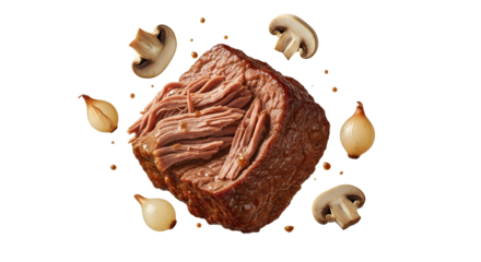 Culinary composition showcasing braised beef with sauteed mushrooms and shallots on a white backdrop