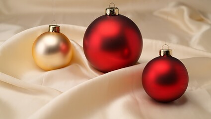 Three Luxury Christmas Ornaments on Flowing Cream Satin Fabric Backdrop