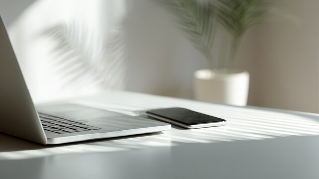 Modern remote work scene with a clean minimalist desk setup, laptop open beside a smartphone, natural daylight creating a productive hybrid-work atmosphere - Powered by Adobe