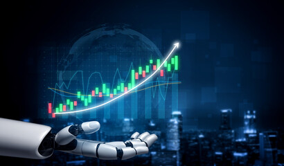 A futuristic robot hand presents a detailed financial growth chart with colorful candles, symbolizing market trends and investment opportunities in a digital landscape. Impute