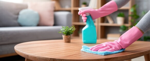 The Coffee Table Being Cleaned With Pink Gloves And Cleaning Spray In Living Room