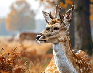 Fallow deer lying in autumn foliage, a woodland scene in soft focus